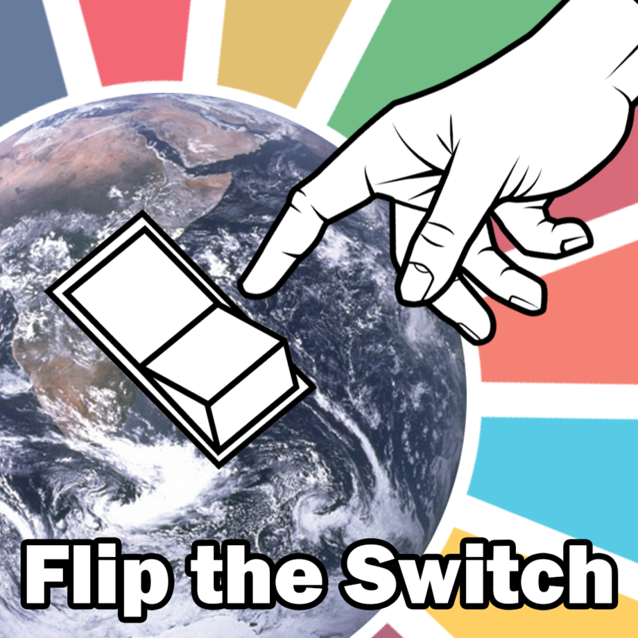 Podcast Logo Hand reaching switch on earth with SDG wheel